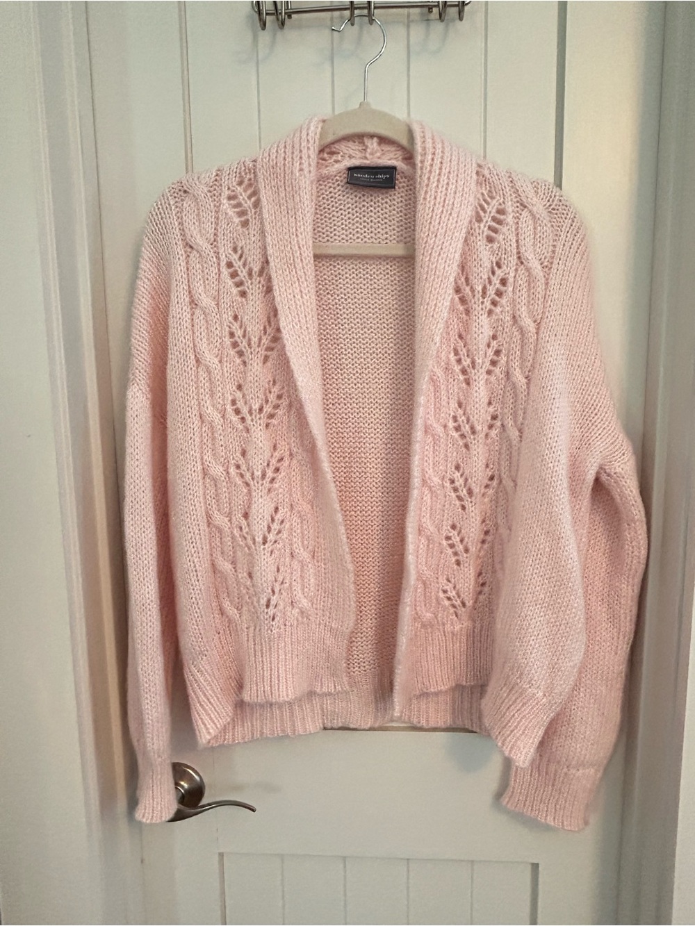 Wooden Ships Soft Pink Open-Front Cable Knit Cardigan Mohair Wool Blend XS/S